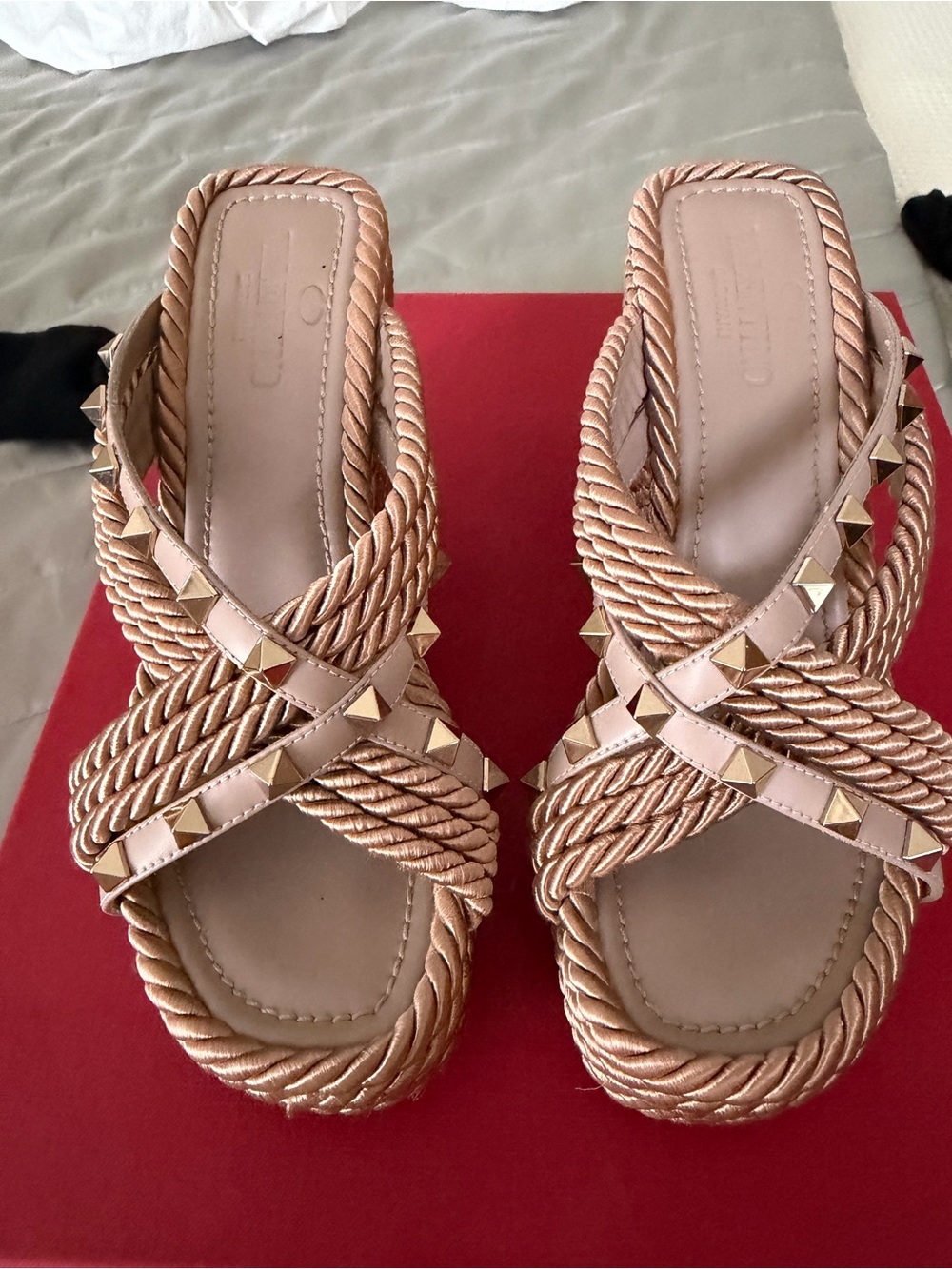 Valentino Rose Gold Studded Espadrille Slide Sandals
